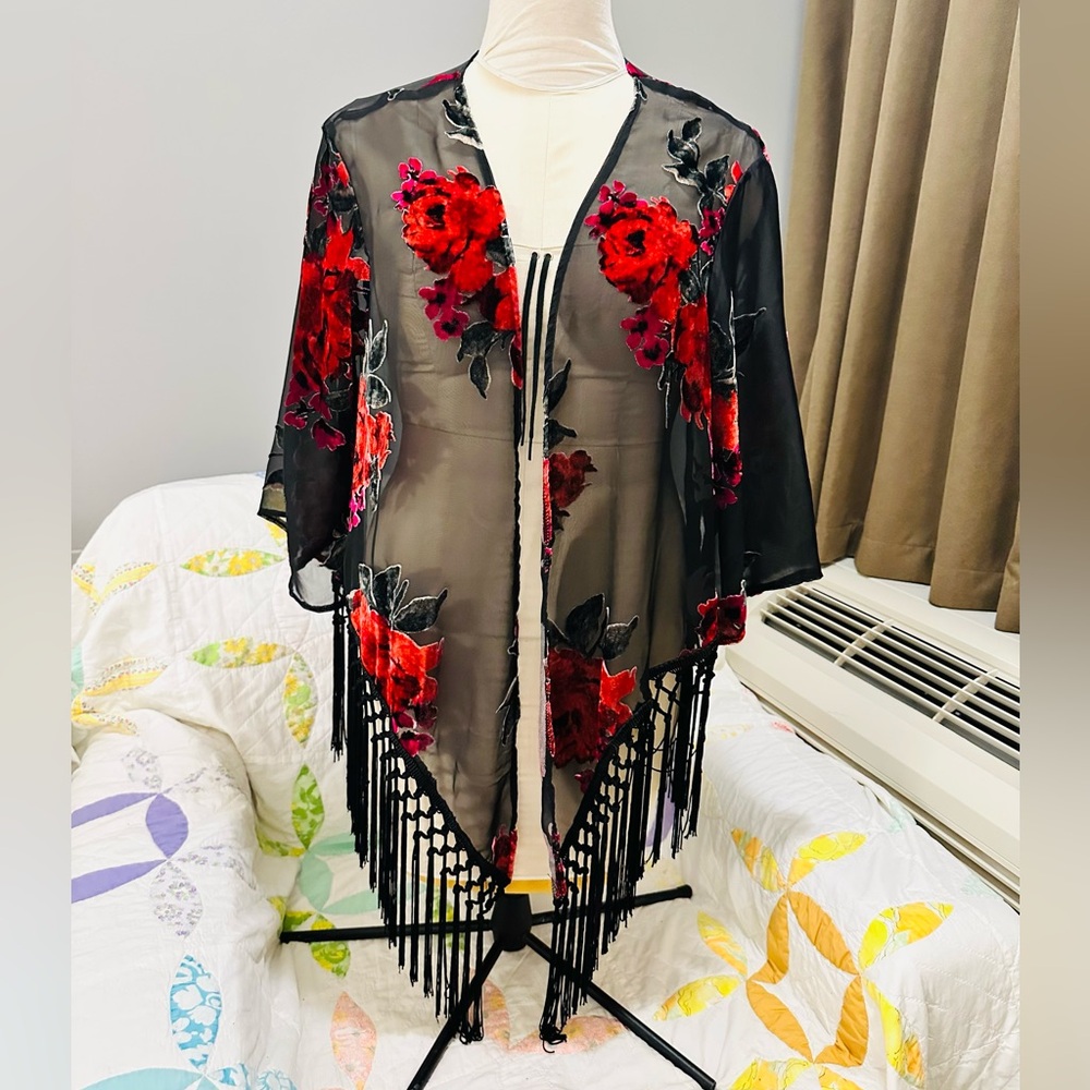 Wrangler Boho Sheer Velvet Rose Kimono Wrap with Black Trim Fringe L - Picture 1 of 10